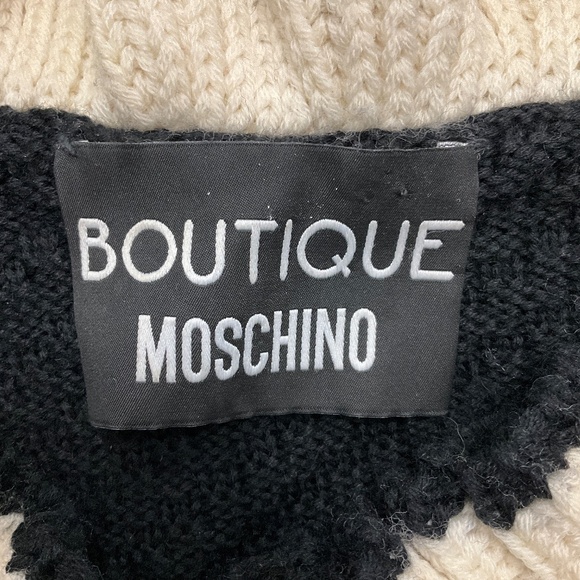 BOUTIQUE MOSCHINO BLACK / CREAM RUFFLED WOOL KNIT LONG CARDIGAN SWEATER - Picture 4 of 6